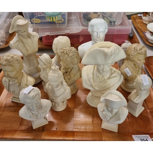 354 - Two trays of mainly resin and Parian Ware style busts of Napoleon, classical composers, Mozart etc. ... 