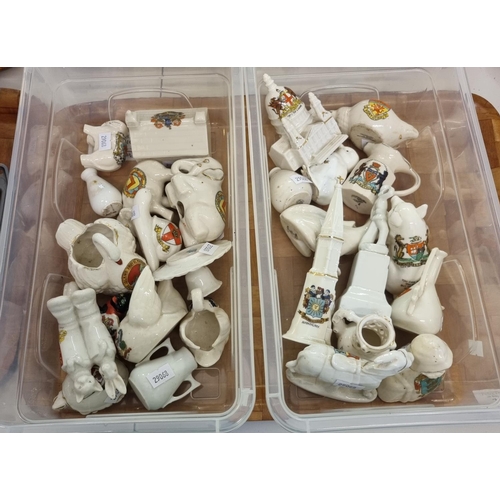 357 - Two plastic tubs of Crested china, various to include: animals, buildings, Hull fisherman, cottages ... 