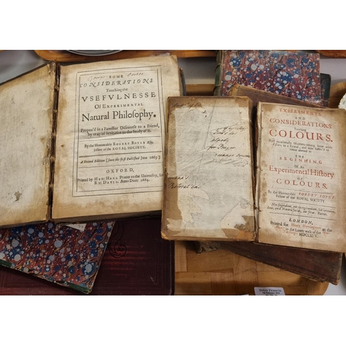 359 - Tray of antiquarian books to include: various leather bound volumes by the Honourable Robert Boyle: ... 