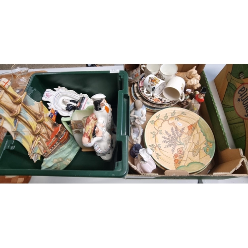 364 - Two boxes of assorted china, various to include: Staffordshire flatback figures, Royal Doulton Dicke... 