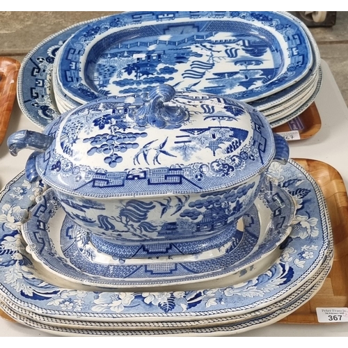 367 - Collection of 19th century blue and white transfer printed Staffordshire oval meat dishes, 'Wild ros... 