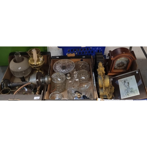 368 - Three boxes of items to include: gilded spelter French figural mantle clock and other mantle clocks,... 