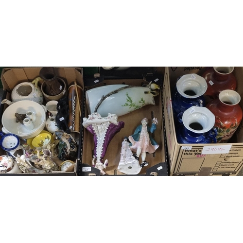 369 - Three boxes of assorted mainly china to include: blue and white two handled transfer printed vases, ... 