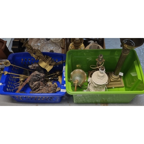 371 - Box of brass and other table lamps together with a box of metalware including companion set, cast ir... 