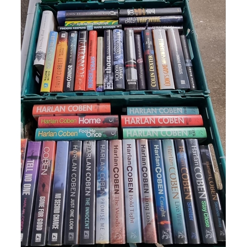 372 - Two trays of hard back books to include: large collection by Harlan Coben, Colin Dexter, David Corbe... 