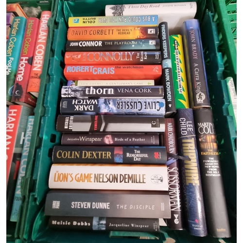 372 - Two trays of hard back books to include: large collection by Harlan Coben, Colin Dexter, David Corbe... 