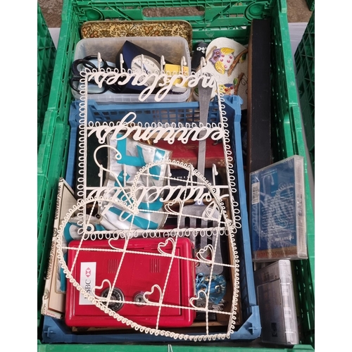 374 - Crate of items to include: HSBC Safe, glow in the dark Police Star tag, scissors, clocks, knitting n... 