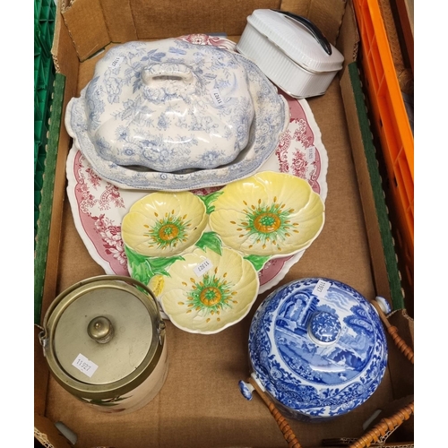 376 - Box of china to include: Llanelly Pottery 'Cherry' pattern biscuit barrel and cover, Copeland Spode ... 