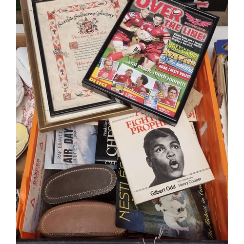 377 - Crate of oddments to include: Scarlets poster signed by four players, chess set, 'Chessman' book by ... 