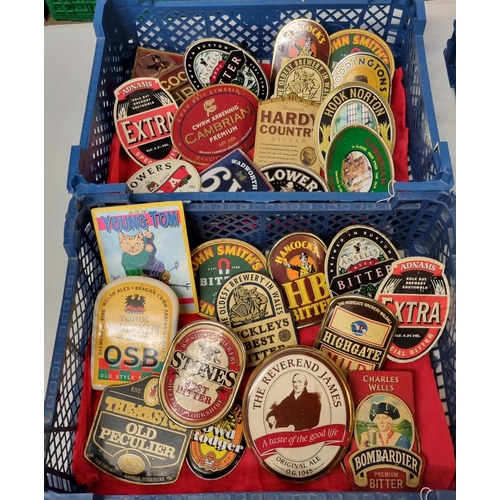 380 - A small crate containing vintage advertising beer pump clips to include: 'Young Tom, Tomos Watkins &... 