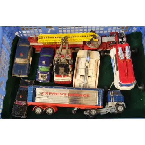 385 - Plastic box comprising Dinky and Corgi playworn diecast vehicles to include: Maximum Security vehicl... 