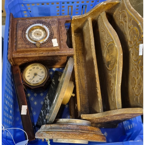 389 - Plastic tray of mid century and other mantle clocks together with a stationary/letter rack.  (B.P. 2... 