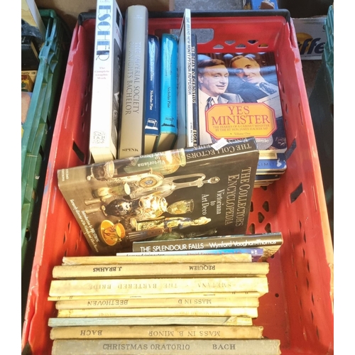 394 - Three crates of assorted books to include: Tolkien 'The Lord of the Rings' appearing to be 10th impr... 