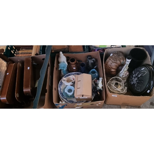 404 - Three boxes of assorted items to include: trays, glass, Victorian stool, copper mould, baluster and ... 