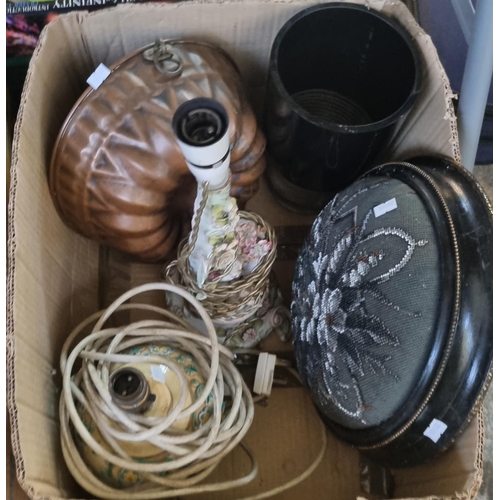 404 - Three boxes of assorted items to include: trays, glass, Victorian stool, copper mould, baluster and ... 