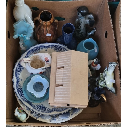 404 - Three boxes of assorted items to include: trays, glass, Victorian stool, copper mould, baluster and ... 