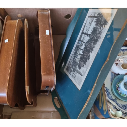 404 - Three boxes of assorted items to include: trays, glass, Victorian stool, copper mould, baluster and ... 