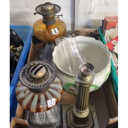 424 - Box of items to include: early 20th century double oil burner lamps and a ceramic two handle jardini... 