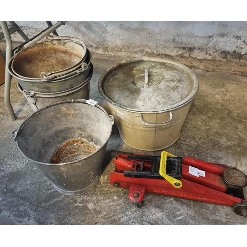 431 - Galvanised metal buckets and a lidded pan together with a car trolley jack.  (B.P. 21% + VAT)