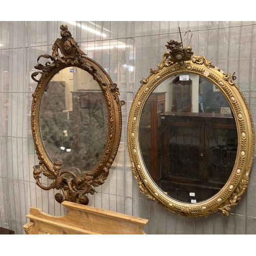 448 - 19th century oval girandole wall mirror with three sconces and egg and lattice border, together with... 