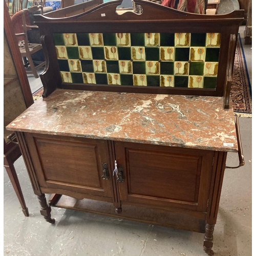 457 - Edwardian Art Nouveau design marble topped wash stand with tiled back and two blind cupboards on tur... 