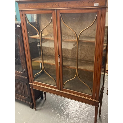 458 - Edwardian satin wood display cabinet, the moulded cornice above a marquetry inlay of swags and folia... 