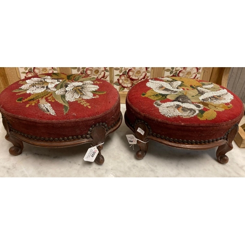 460 - Pair of Victorian oval foot stools on short scrolled cabriole legs, having original beaded foliate u... 