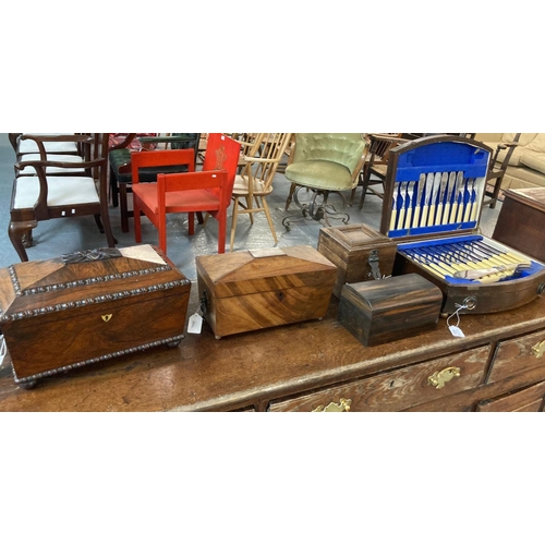 463 - Group of assorted boxes and caddies to include: William IV rosewood sarcophagus shaped tea caddy, an... 