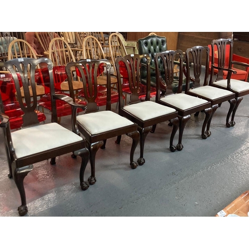 466 - Good quality set of six George III style mahogany lyre backed dining chairs with drop in seats and c... 