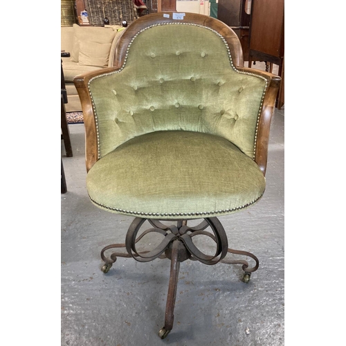 470 - Unusual upholstered revolving tub chair with steel sprung base on casters.  Probably French early 20... 