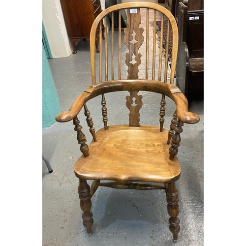 474 - Ash and elm stick and splat backed kitchen fireside elbow chair with moulded saddle seat on baluster... 