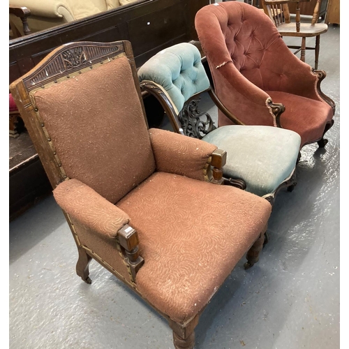 476 - Edwardian upholstered fireside chair, a Victorian scrolled nursing chair with pierced and moulded fo... 