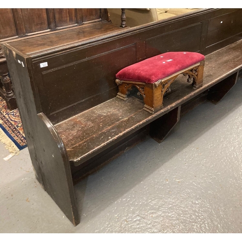 477 - Early 20th century pitch pine chapel/church pew of long proportions with prayer kneeler.  (2)  Prove... 