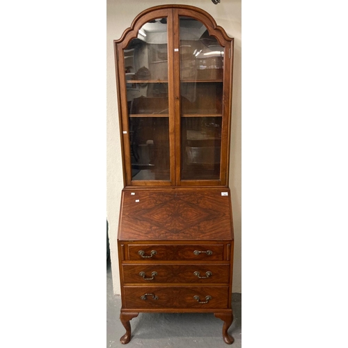 480 - Mid Century walnut bureau bookcase with domed glazed top, fall front, fitted interior, three drawers... 