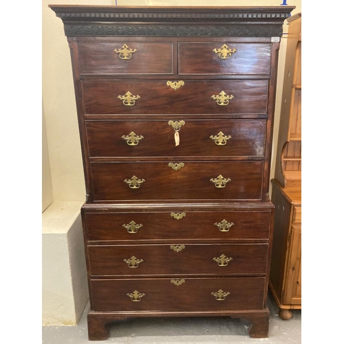 484 - George III mahogany tallboy chest on chest having moulded frieze over dental cornice, two short and ... 