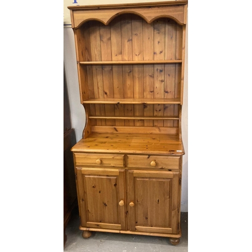 485 - Modern pine dining suite comprising small rack backed dresser, D ended dining table and six lyre bac... 