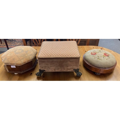 486 - Group of three 19th century and later upholstered foot stools, to include rectangular shaped with me... 