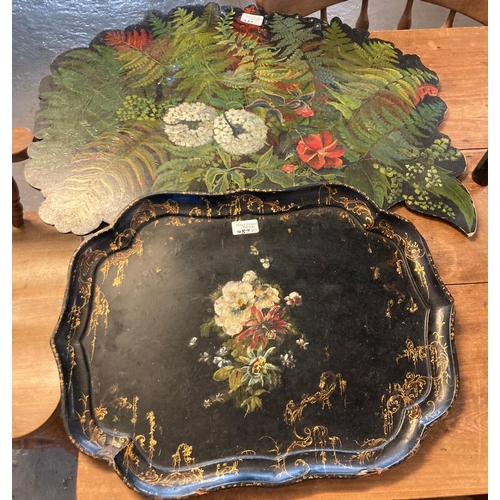 487 - 19th century papier mache tray with gilded and mother of pearl decoration.  77cm wide approx. on a s... 