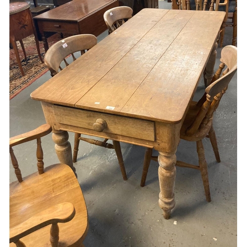 488 - Victorian style pine kitchen table with single end drawer on baluster turned tapering legs (175cm lo... 