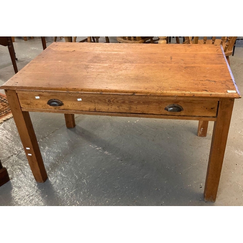 489 - 19th century pine writing table with single frieze drawer on square legs.  125cm wide approx.  (B.P.... 