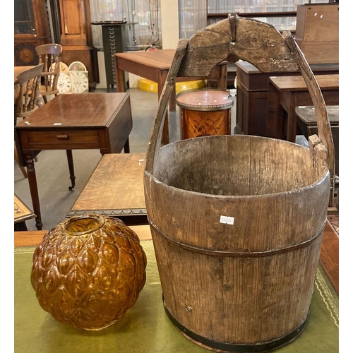 495 - Coopered oak milk maid's bucket with fixed arch handle together with a moulded glass oil lamp shade.... 