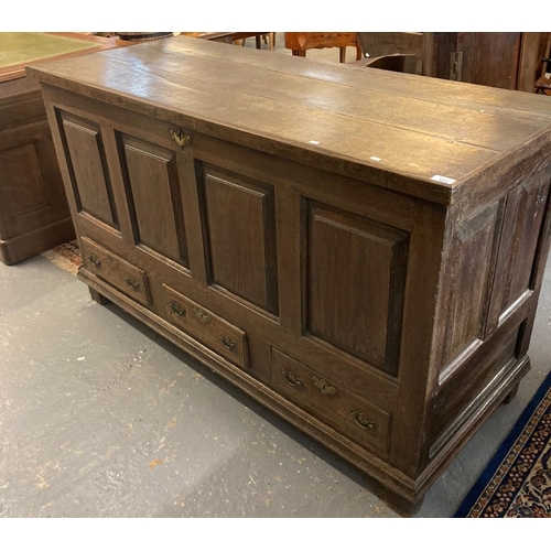 501 - 18th century oak coffer with loose top having bar hinges over four raised and fielded panels to the ... 