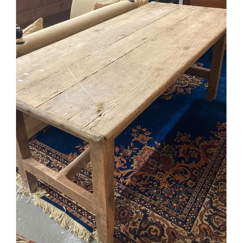 503 - Rustic pine dairy table with cleated three plank top on square legs.  180cm wide approx.  (B.P. 21% ... 