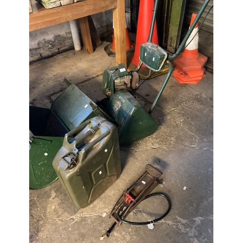 512 - Atco petrol cylinder motor lawn mower with two collecting boxes together with a metal jerry can and ... 