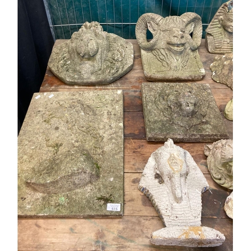 515 - Large collection of reconstituted stone and composition garden ornaments to include: ram's head, lio... 