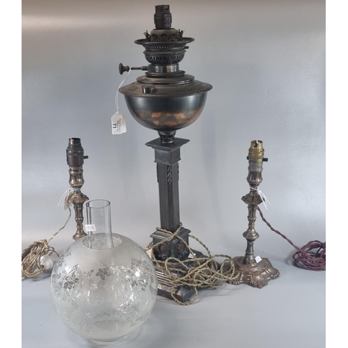 71 - Early 20th century oil burner lamp, now converted to electricity, having globular frosted and etched... 