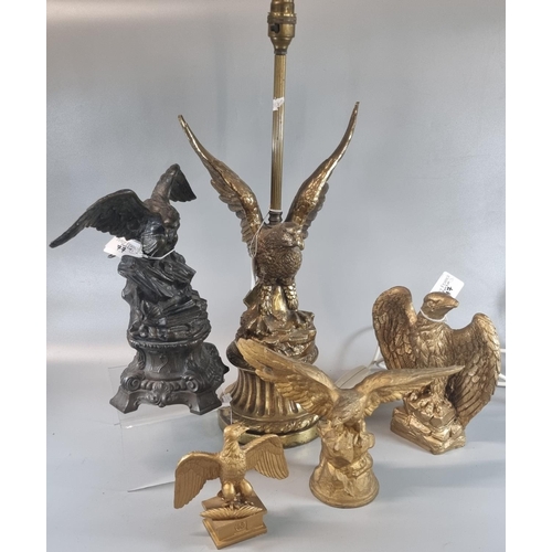 77 - Collection of gilded metal and modern eagle sculptures/studies, one now in the form of a table lamp.... 