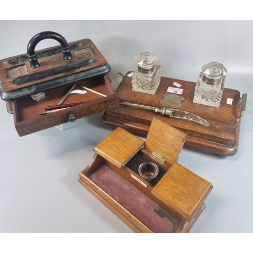 78 - Two late Victorian desk inkwells, one with two glass inkwells and paper knife together with another ... 