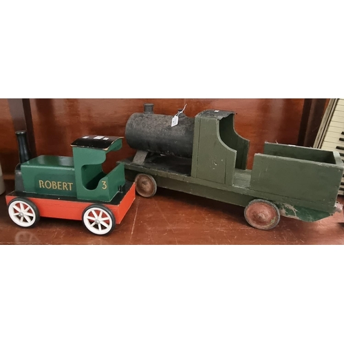 81 - Vintage wooden painted child's locomotive, together with another painted child's wooden train marked... 