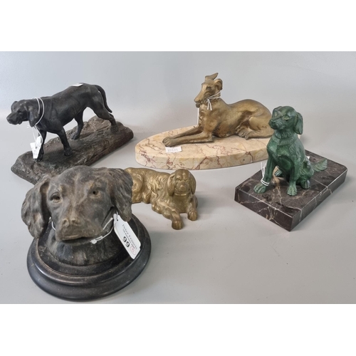 99 - Collection of gilded brass, spelter and other dog figurines, two in the form of inkwells.  (5)   (B.... 